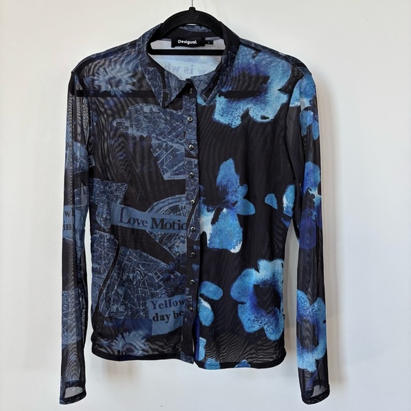 Desigual. Sheer Flower Print Long Sleeve Button Down Top Size L - Picture 1 of 11